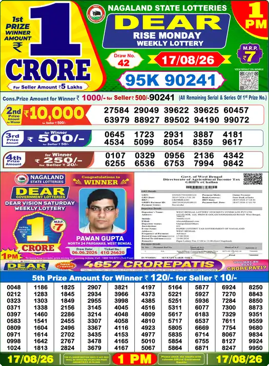 DEAR RISE MONDAY Lottery Sambad 1 PM Result 17 August 2026